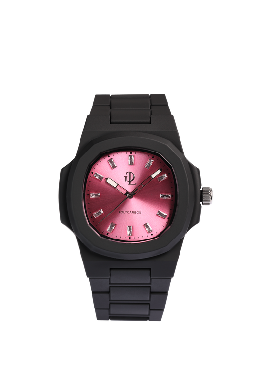 GDL Orologio Quadrante pink  indici cristalli bianchi taglio baguette: Cassa 40.5mm x 8.8mm, al Quarzo, Impermeabile 5 ATM, Leggero 40g, Finitura Soft Touch, Cinturino Nero, Vetro LumiNova