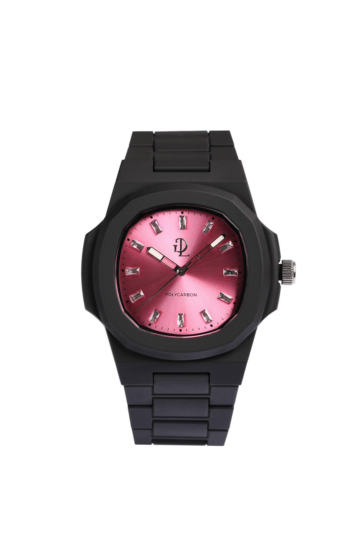 GDL Orologio Quadrante pink  indici cristalli bianchi taglio baguette: Cassa 40.5mm x 8.8mm, al Quarzo, Impermeabile 5 ATM, Leggero 40g, Finitura Soft Touch, Cinturino Nero, Vetro LumiNova