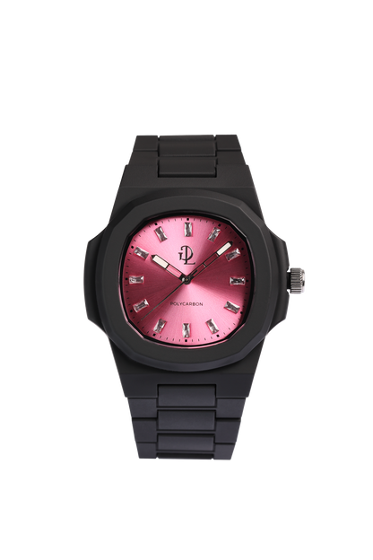 GDL Orologio Quadrante pink  indici cristalli bianchi taglio baguette: Cassa 40.5mm x 8.8mm, al Quarzo, Impermeabile 5 ATM, Leggero 40g, Finitura Soft Touch, Cinturino Nero, Vetro LumiNova