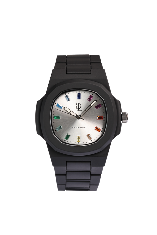 Orologio GDL  Rainbow  Quadrante argento  con indici in  cristalli colore arcobaleno taglio baguette: Cassa 40.5mm x 8.8mm, al Quarzo, Impermeabile 5 ATM, Leggero 40g, Finitura Soft Touch, Cinturino Nero, Vetro LumiNova