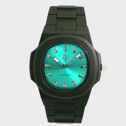 GDL Orologio Quadrante acquamarina indici cristalli bianchi taglio baguette: Cassa 40.5mm x 8.8mm, al Quarzo, Impermeabile 5 ATM, Leggero 40g, Finitura Soft Touch, Cinturino Nero, Vetro LumiNova