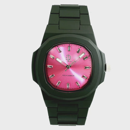 GDL Orologio Quadrante pink  indici cristalli bianchi taglio baguette: Cassa 40.5mm x 8.8mm, al Quarzo, Impermeabile 5 ATM, Leggero 40g, Finitura Soft Touch, Cinturino Nero, Vetro LumiNova